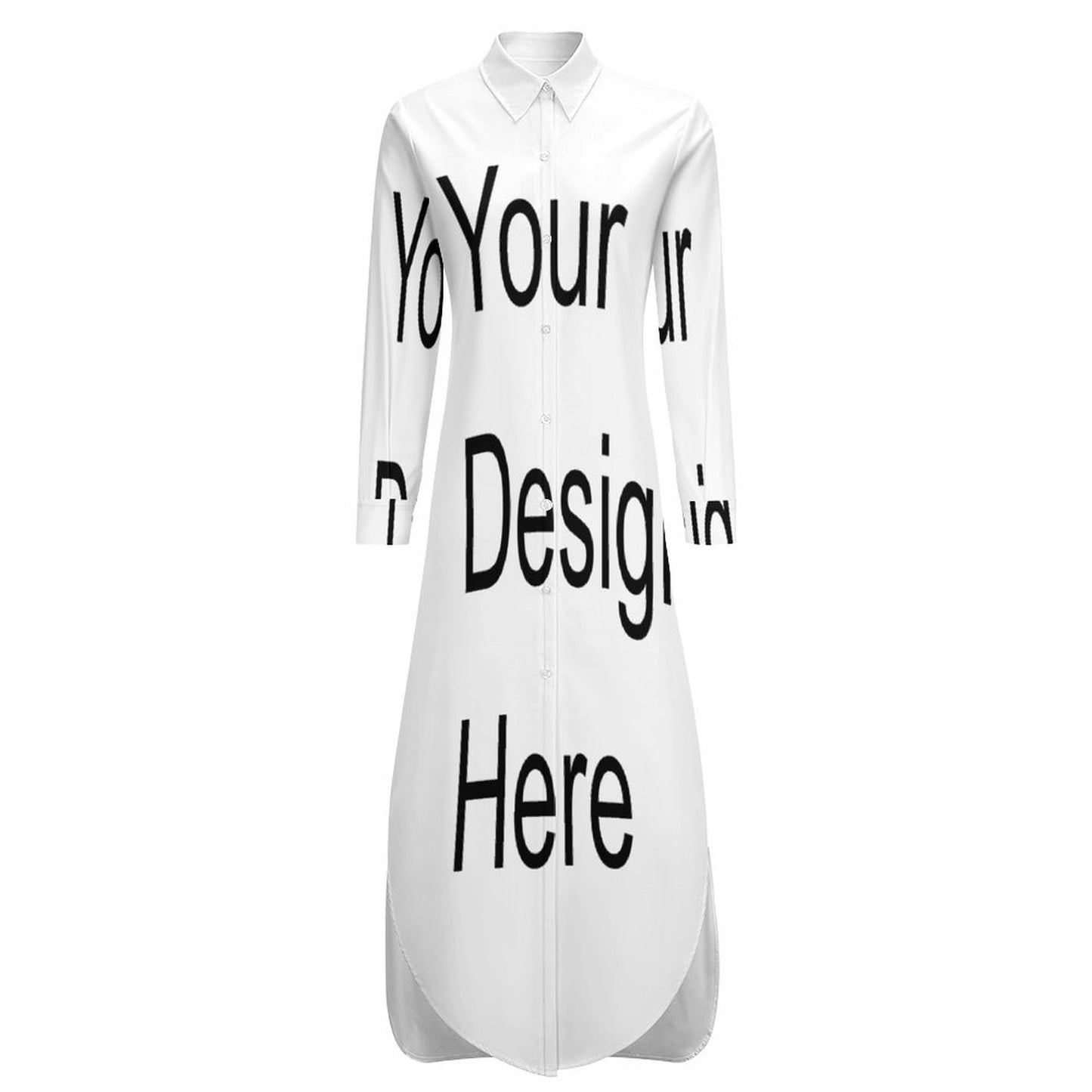 Custom Full Print Dress - Women Polyester Long Sleeve Button-Down Shirt Dress with Side Slit for Spring/Autumn