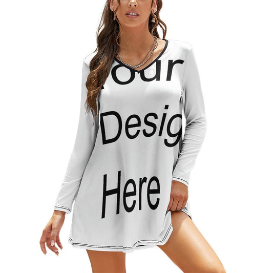 Custom Full Print Dress - Women Milk Silk V Neck Long Sleeve Dress for Spring & Summer