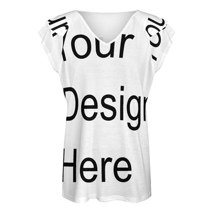 Custom Full Print T-Shirt - Women Polyester V Neck Floral Ruffle Short Sleeve Tee for Spring & Summer