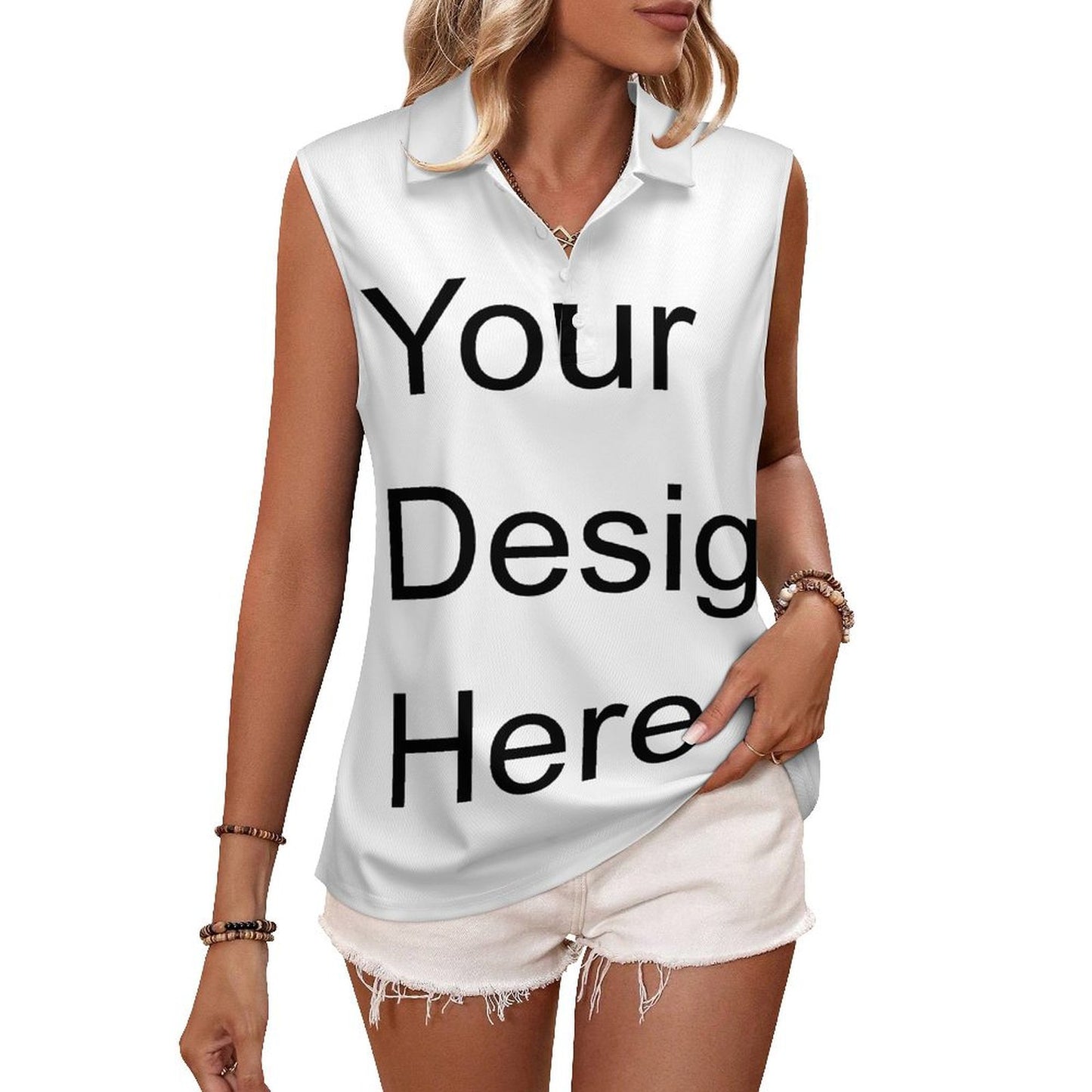 Custom Full Print Polo - Women's Polyester Button-down Polo Collar Sleeveless Polo for Spring & Summer