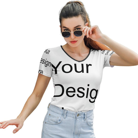 Custom Full Print T-Shirt - Women V Neck Short Sleeve Tee for Spring & Summer