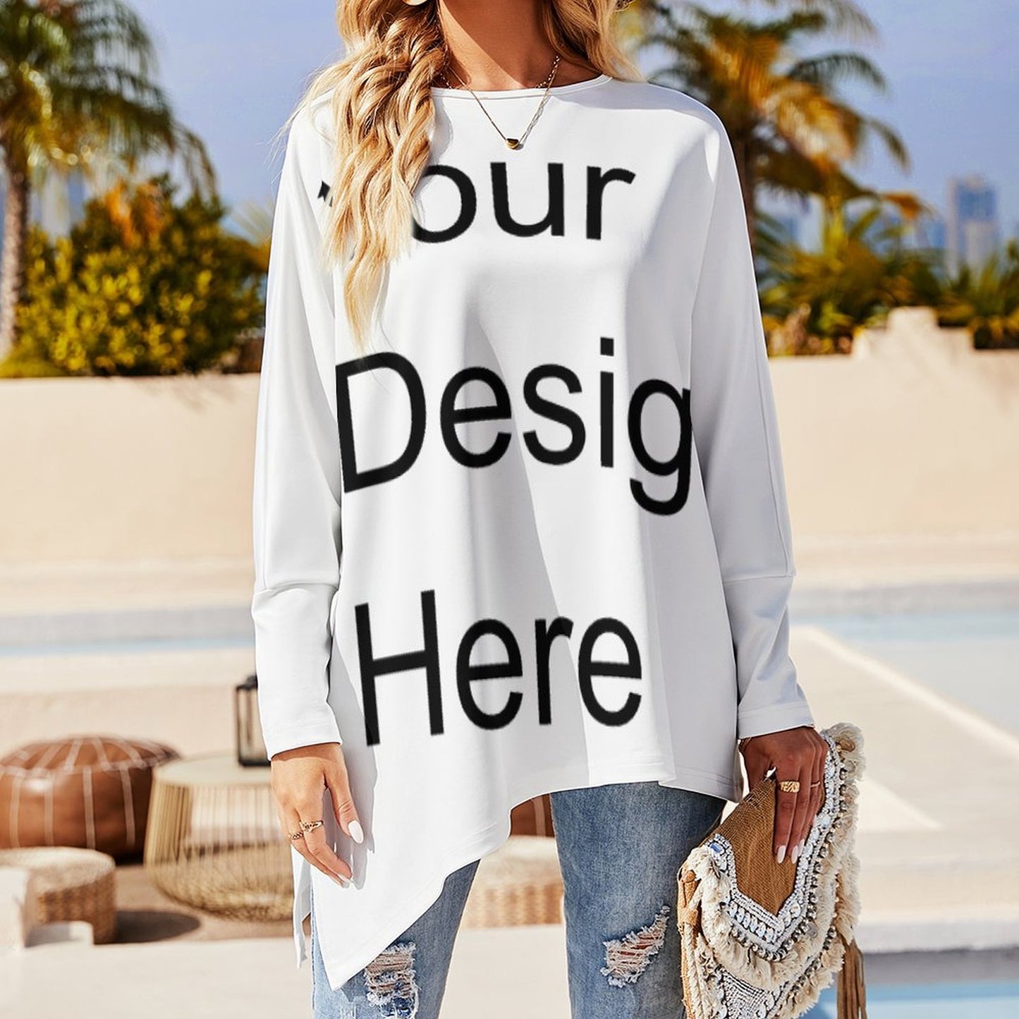 Custom Full Print T-Shirt - Women's Polyester Crew Neck Long Sleeve Asymmetrical Hem Tee for Spring/Autumn/Winter