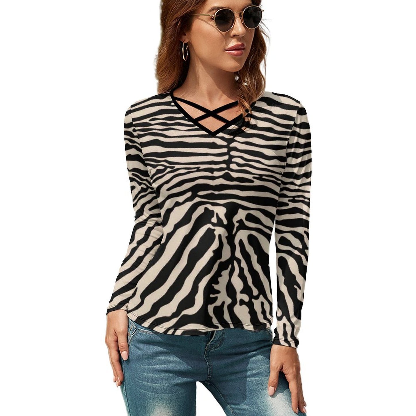 Custom Full Print T-Shirt - Women's Polyester V-Neck Long Sleeve Tee for Spring/Autumn/Winter