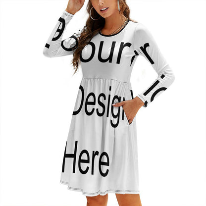 Custom Full Print Dress - Women Polyester Crew Neck Long Sleeve Relaxed Fit Dress with Pocket for Spring & Summer