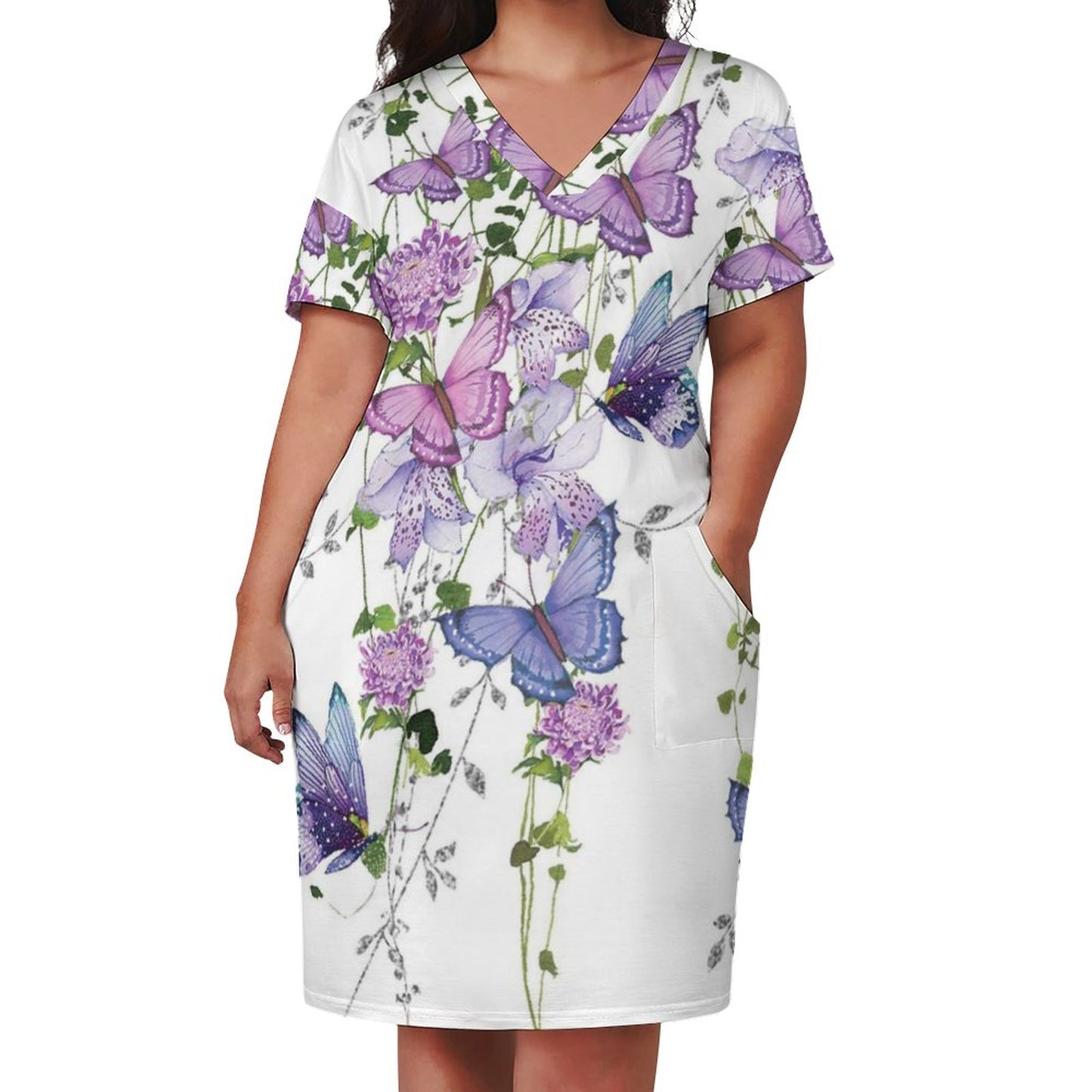 Custom Full Print Dress - Women V-Neck Short Sleeve Relaxed Fit Pocket Dress for Spring & Summer