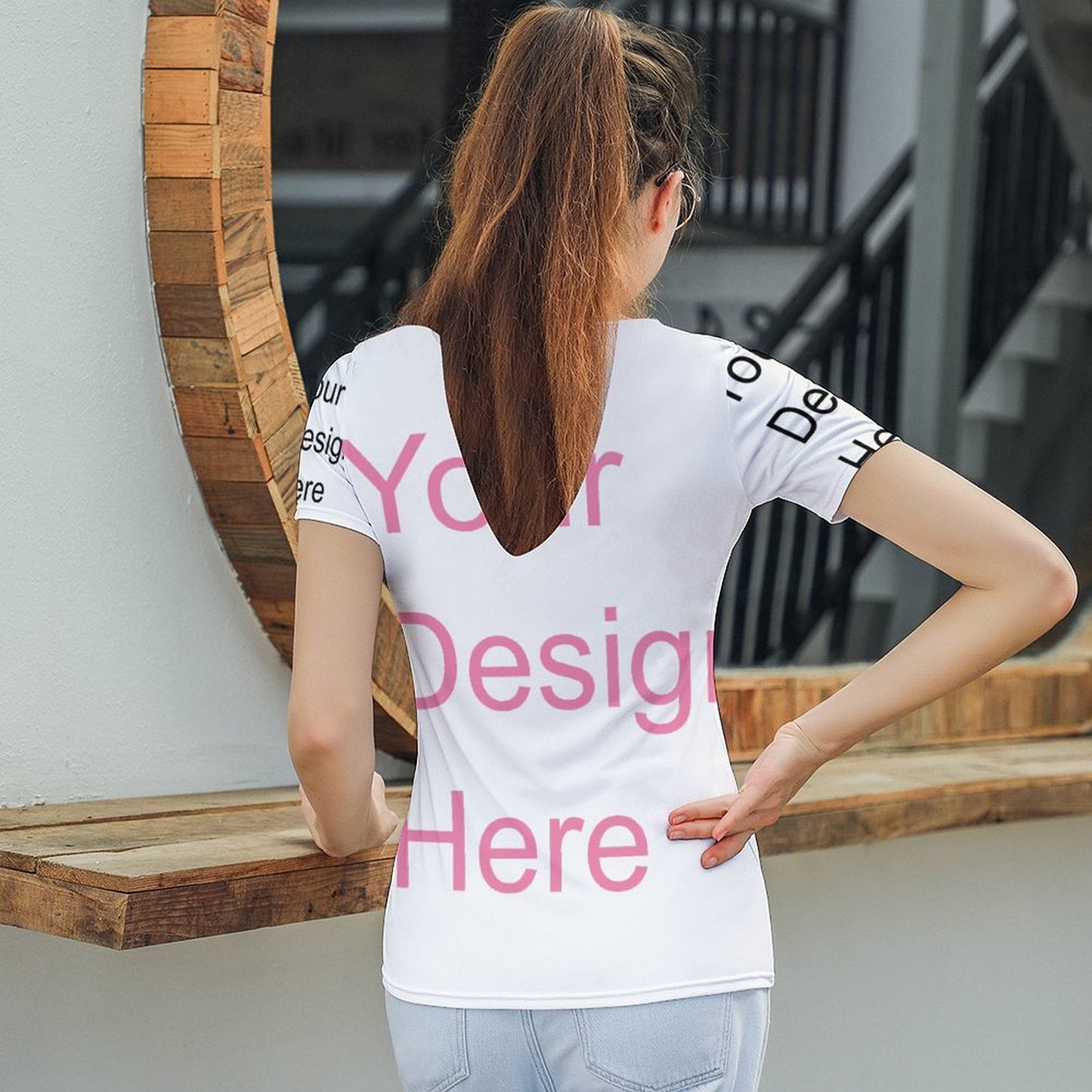 Custom Full Print T-Shirt - Women V Neck Short Sleeve Tee for Spring & Summer