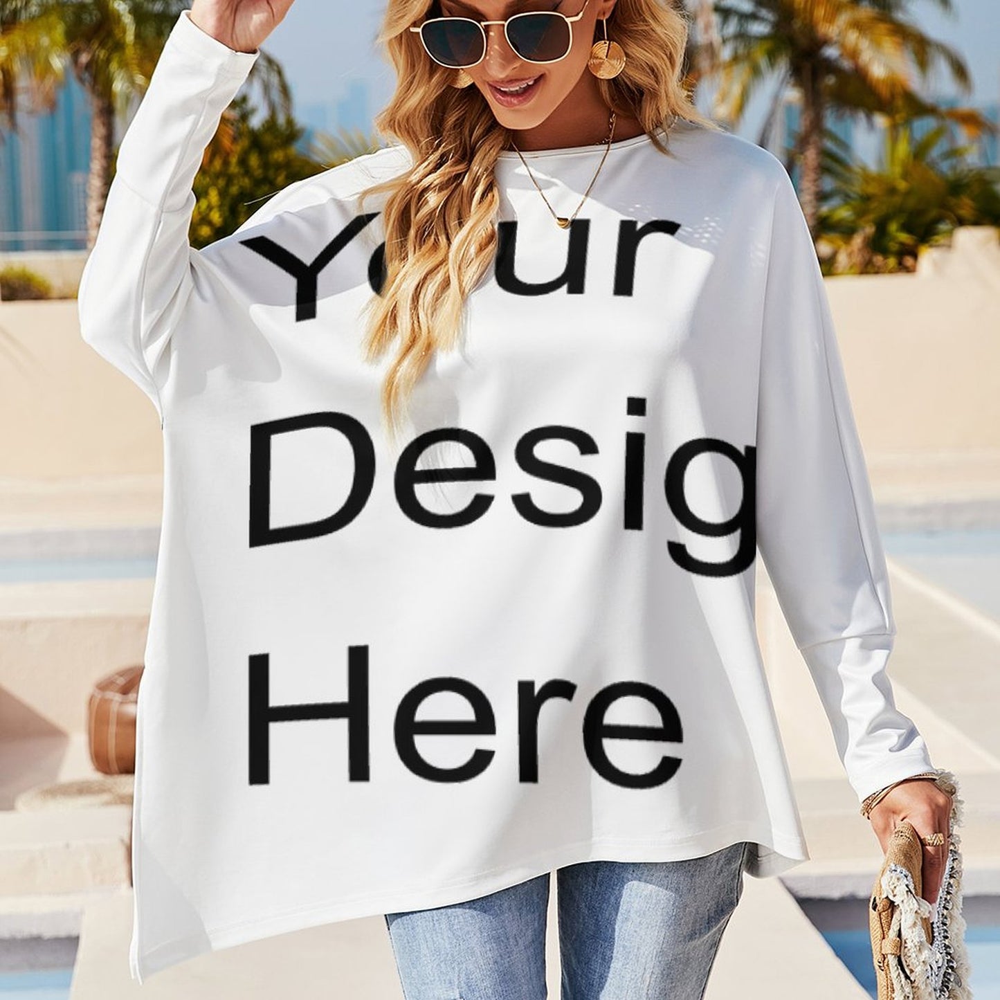 Custom Full Print T-Shirt - Women's Polyester Crew Neck Long Sleeve Asymmetrical Hem Tee for Spring/Autumn/Winter