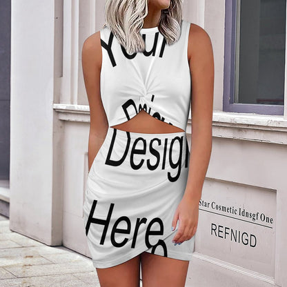 Custom Full Print Dress - for Women Polyester Crew Neck Sleeveless Crisscross Crop Bodycon Dress for Spring & Summer