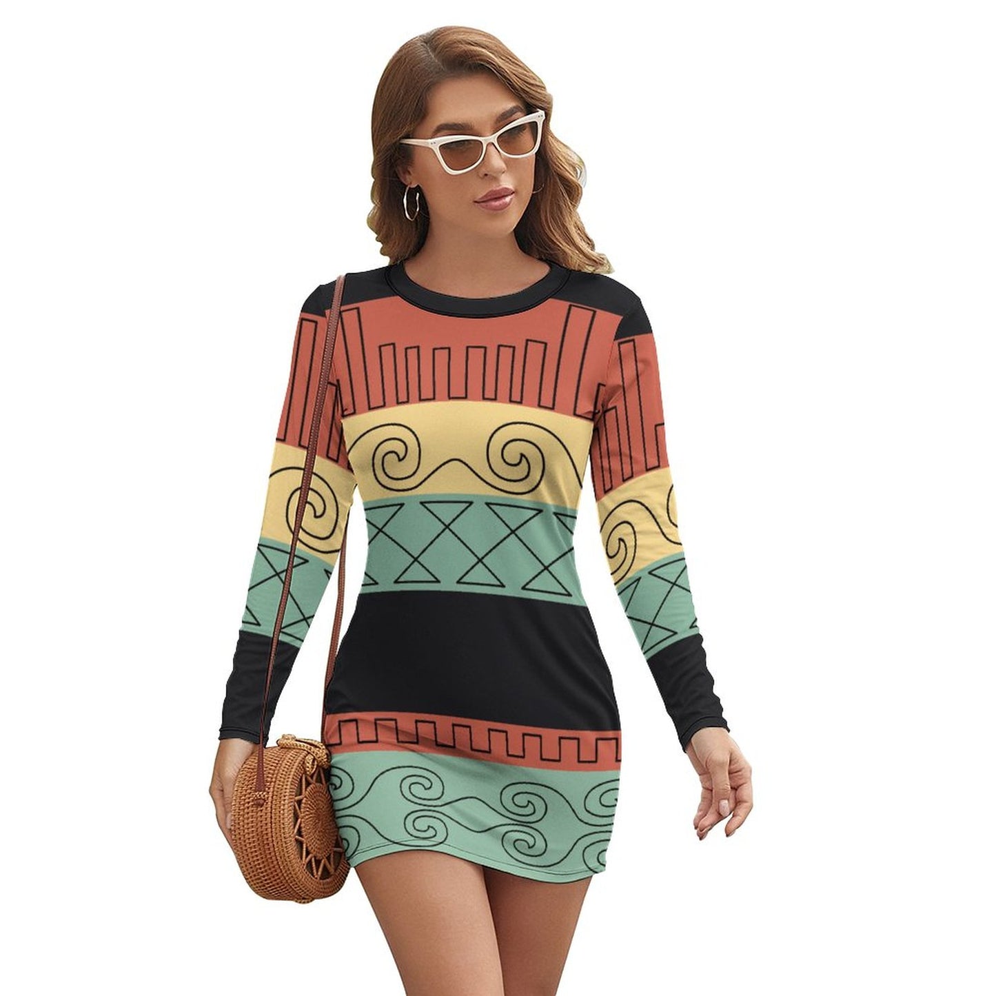 Custom Full Print Dress - Women's Polyester Crew Neck Long Sleeve Dress for Spring & Summer