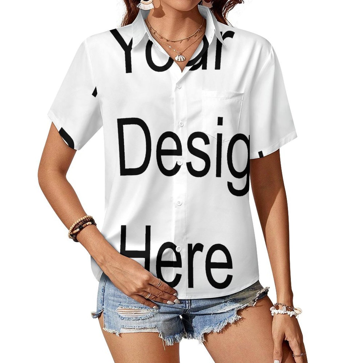 Custom Full Print Shirt - Women's Four-Way Stretch Short-Sleeve Shirt with Pocket and Lapel Collar for Spring & Summer