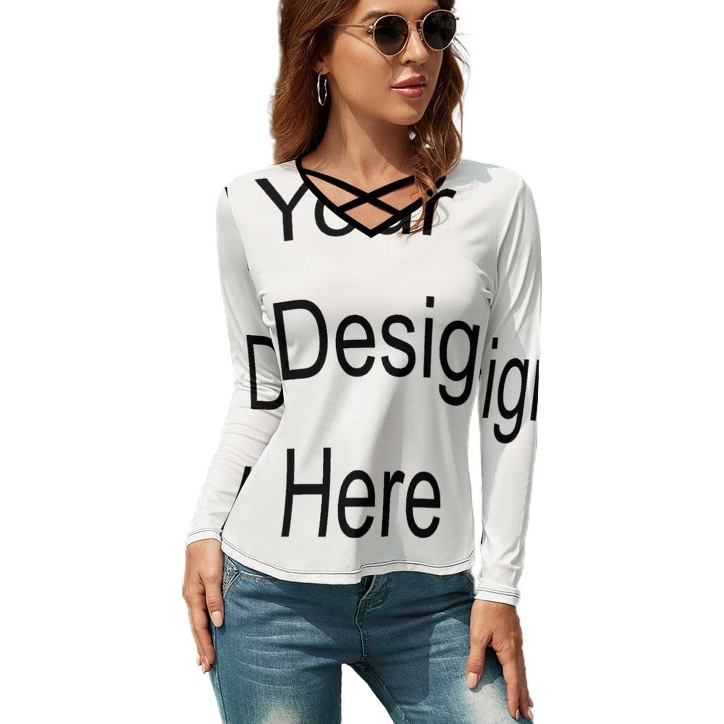 Custom Full Print T-Shirt - Women's Polyester V-Neck Long Sleeve Tee for Spring/Autumn/Winter