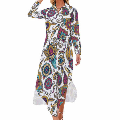 Custom Full Print Dress - Women Polyester Long Sleeve Button-Down Shirt Dress with Side Slit for Spring/Autumn