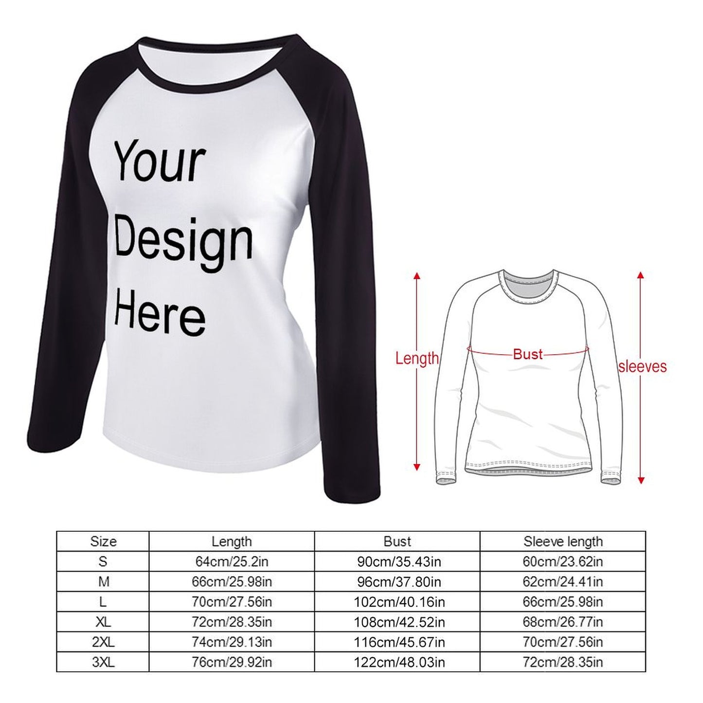 Custom Placement Print T-Shirt - for Women Cotton Crew Neck Long Sleeve Raglan Tee for Spring/Autumn/Winter