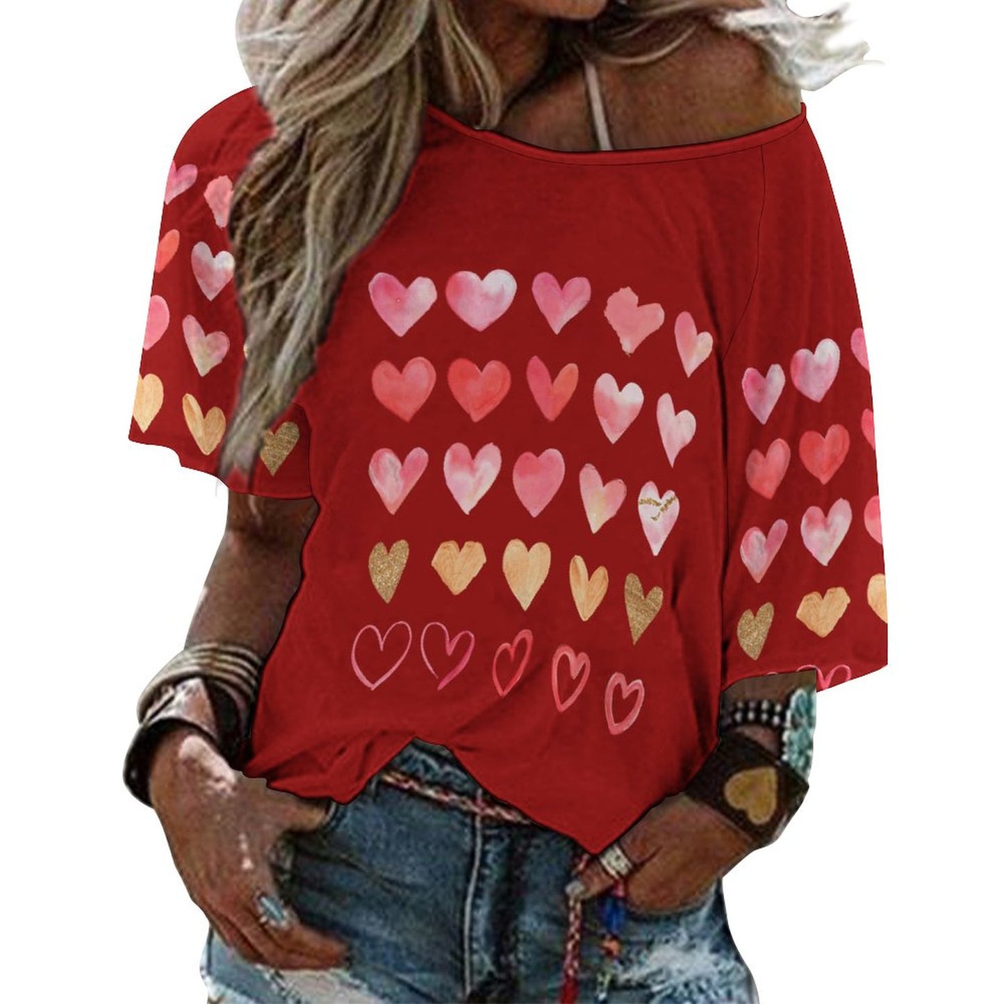 Custom Full Print T-Shirt - Women's Relaxed Fit Polyester Off-Shoulder Half Sleeve T-Shirt for Spring & Summer