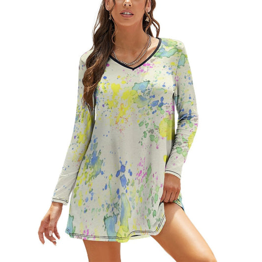 Custom Full Print Dress - Women Milk Silk V Neck Long Sleeve Dress for Spring & Summer