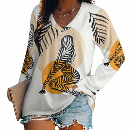 Custom Full Print T-Shirt - Women's Polyester V-Neck Layered Long Sleeve Relaxed Fit Tee for Spring/Autumn/Winter