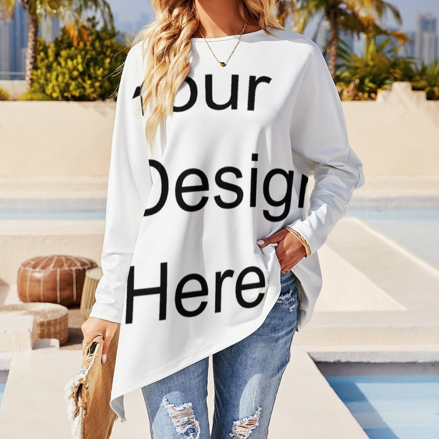 Custom Full Print T-Shirt - Women's Polyester Crew Neck Long Sleeve Asymmetrical Hem Tee for Spring/Autumn/Winter