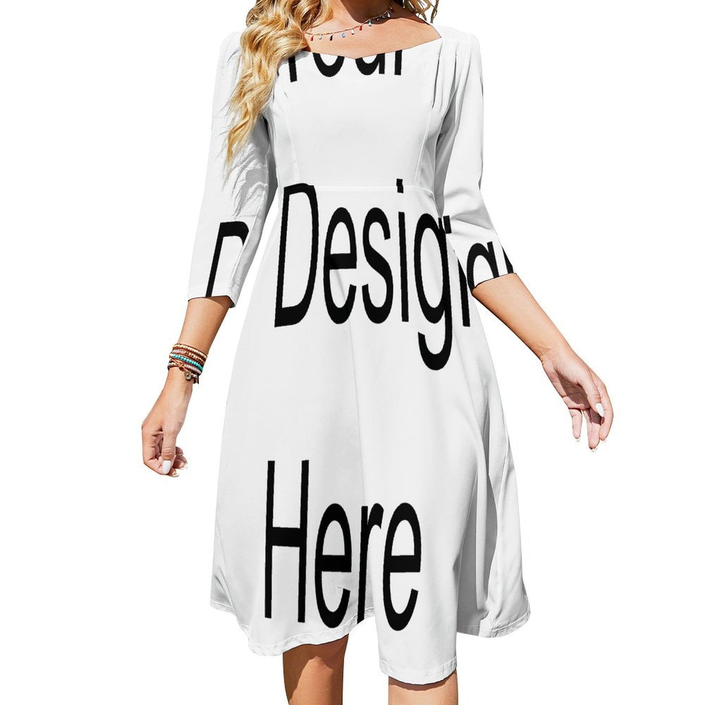 Custom Full Print Dress - for Women Polyester V-Neck 3/4 Sleeve Sweetheart Bow Flared Dress for Spring & Summer