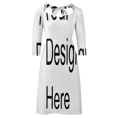 Custom Full Print Dress - for Women Polyester V-Neck 3/4 Sleeve Sweetheart Bow Flared Dress for Spring & Summer