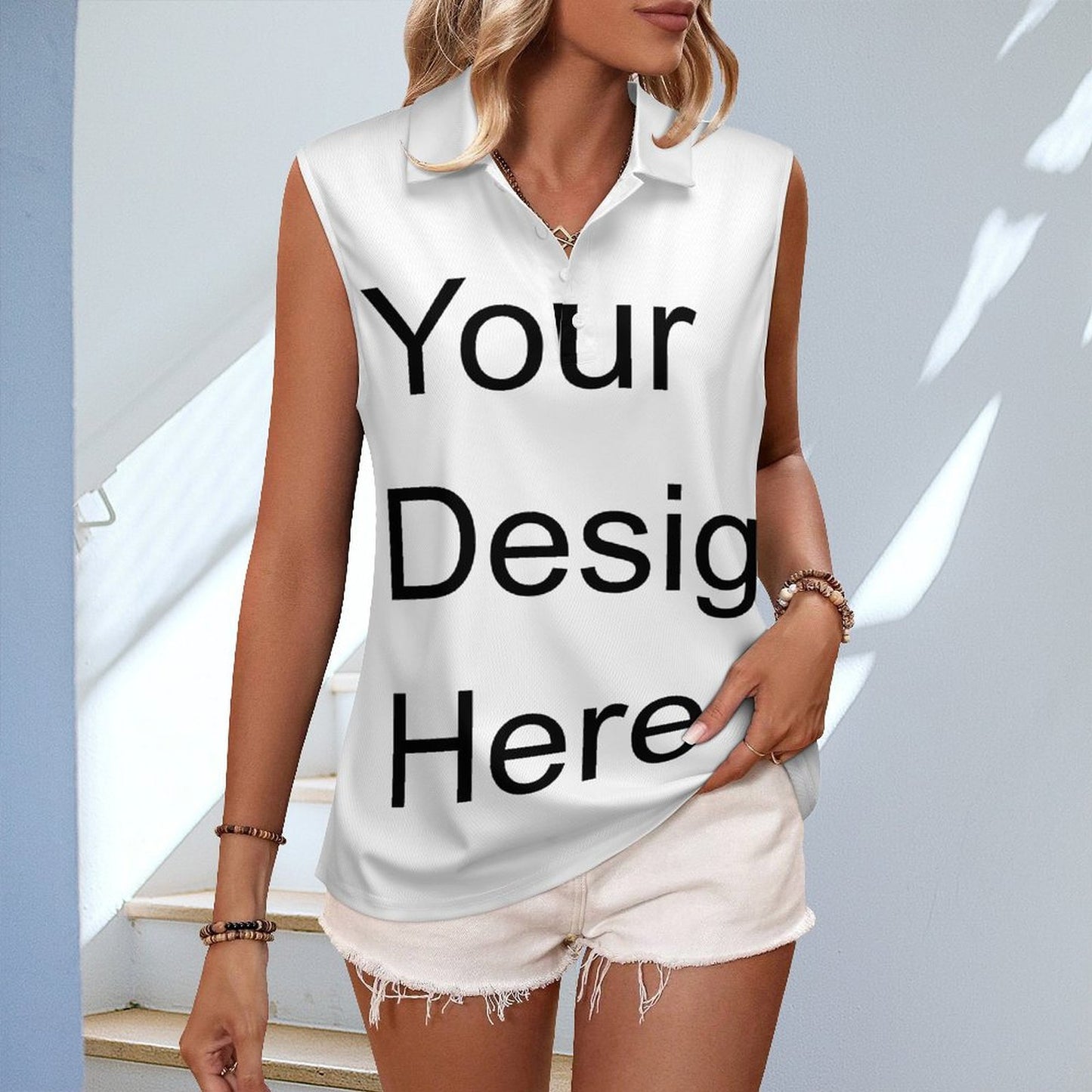 Custom Full Print Polo - Women's Polyester Button-down Polo Collar Sleeveless Polo for Spring & Summer