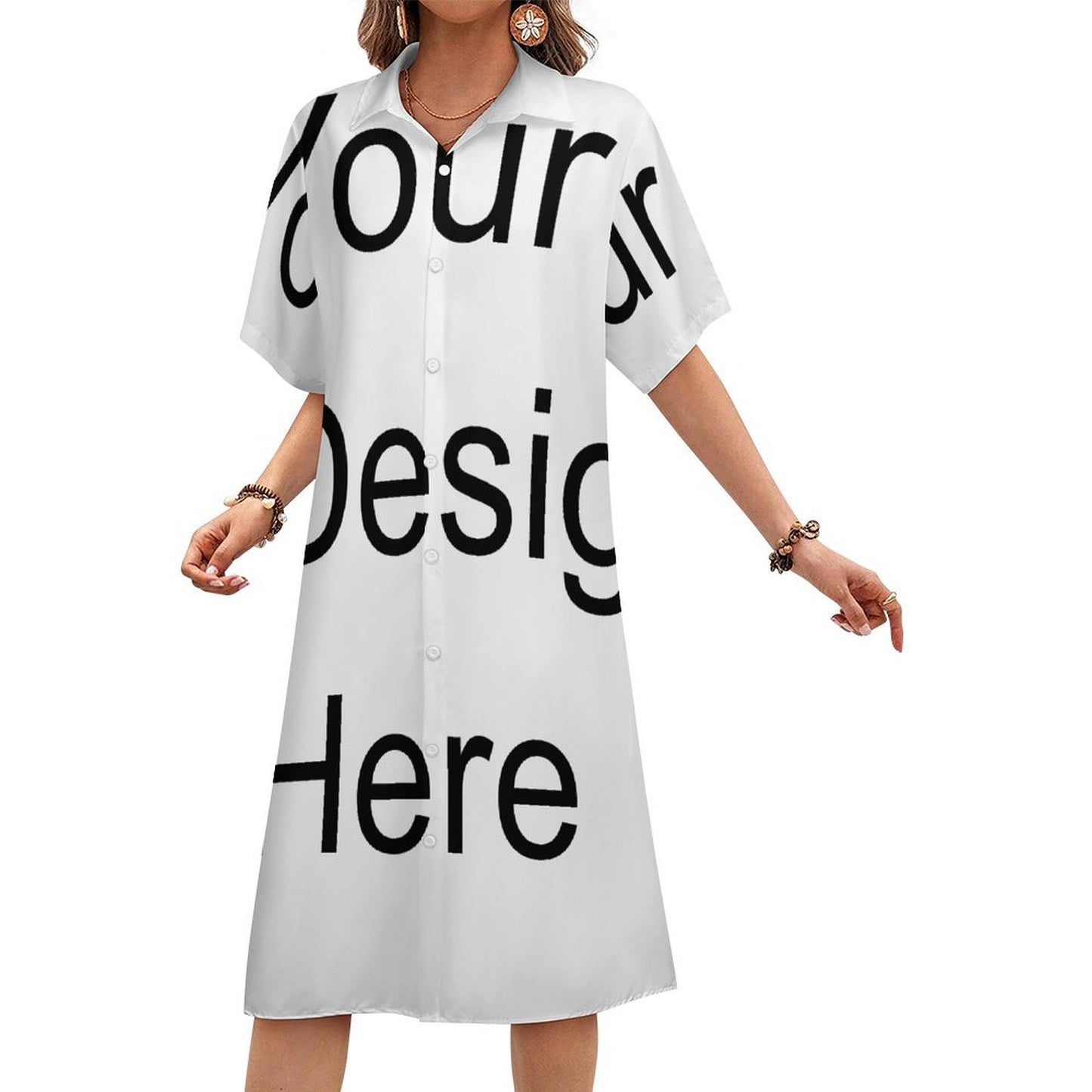 Custom Full Print Dress - Women's Four-way Stretch Short Sleeve Collared Midi Shirt Dress for Spring & Summer