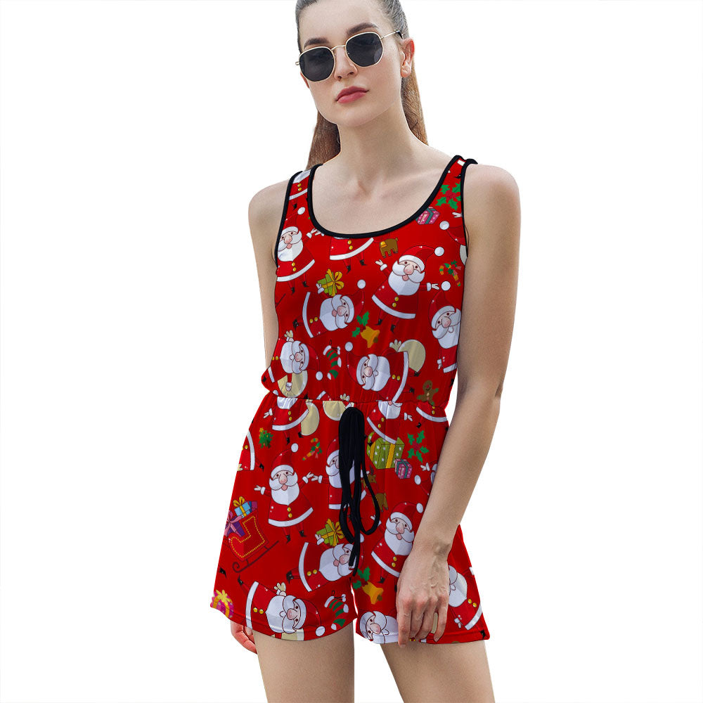 Custom Full Print Jumpsuit - Women's Polyester U-Neck Sleeveless Relaxed Fit Tie-Waist Jumpsuit for Spring/Summer