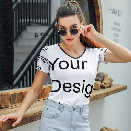 Custom Full Print T-Shirt - Women V Neck Short Sleeve Tee for Spring & Summer