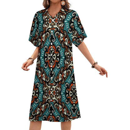 Custom Full Print Dress - Women's Four-way Stretch Short Sleeve Collared Midi Shirt Dress for Spring & Summer