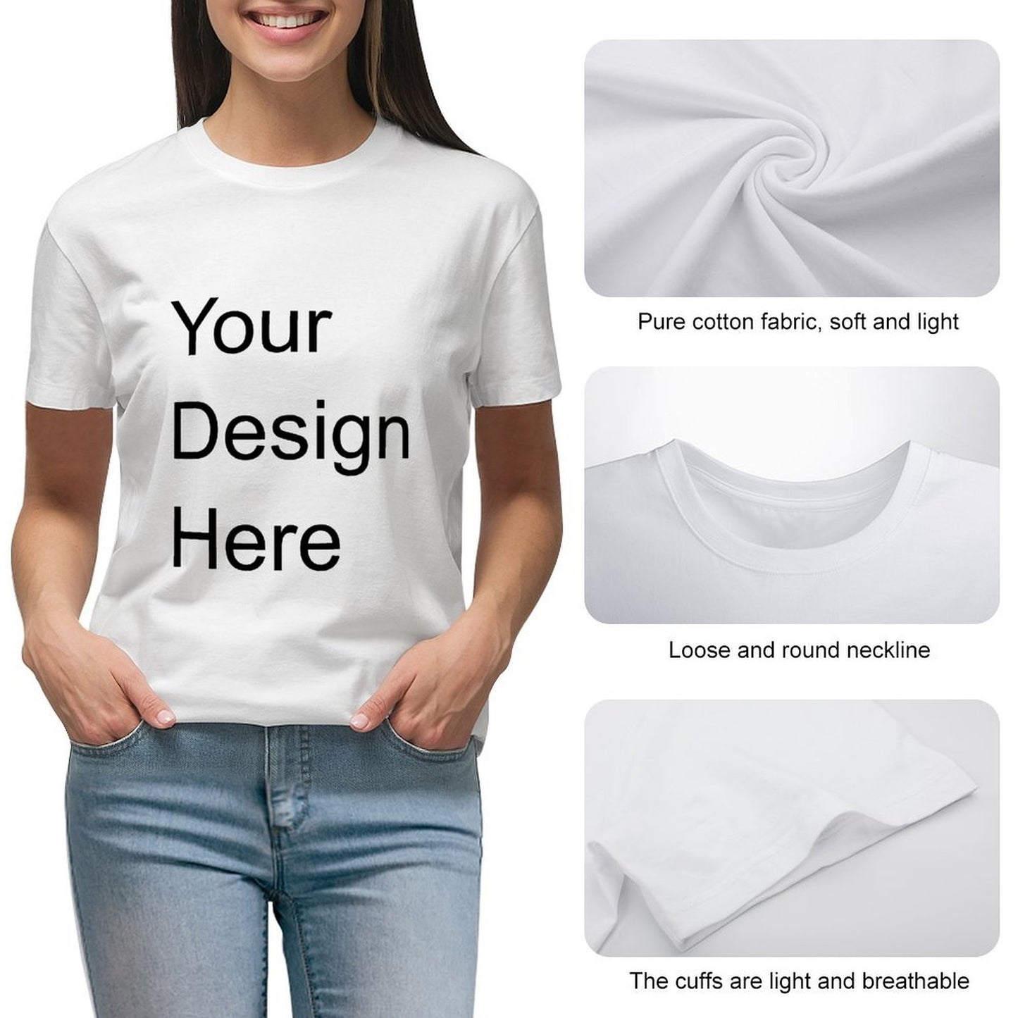 Custom Placement Print T-Shirt - Women's Cotton Crew Neck Short Sleeve Tee for Spring & Summer