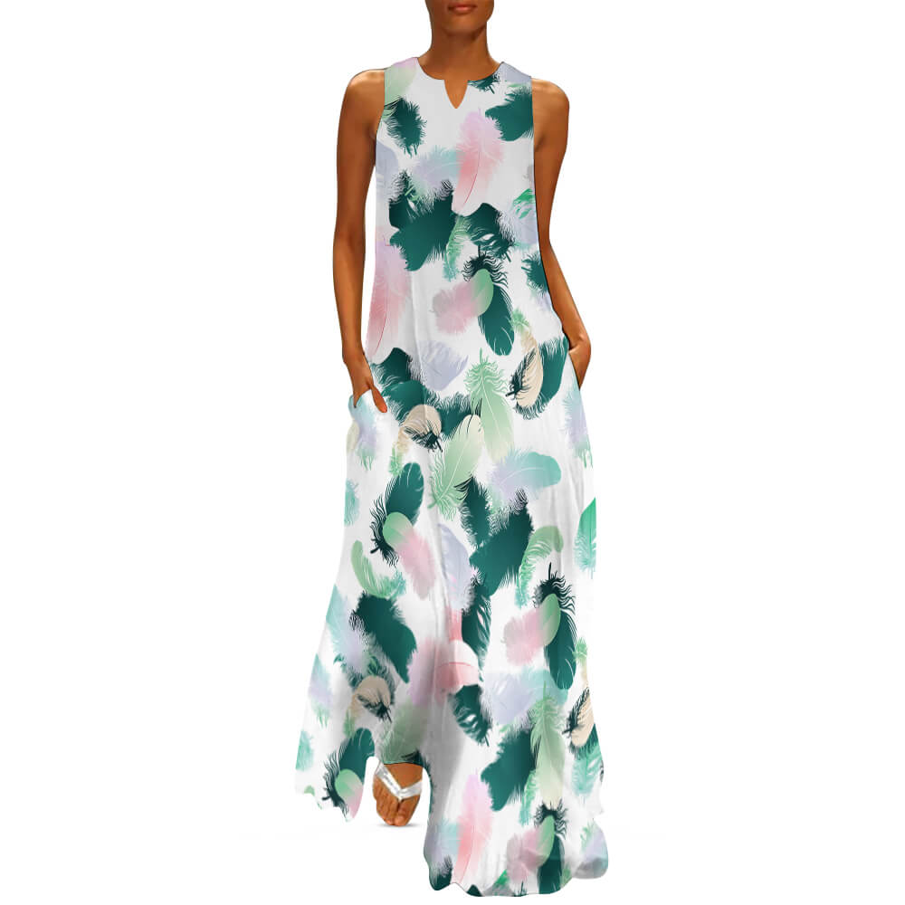 Custom Full Print Dress - Women's Polyester Notched V-Neck Sleeveless Maxi Dress for Spring & Summer