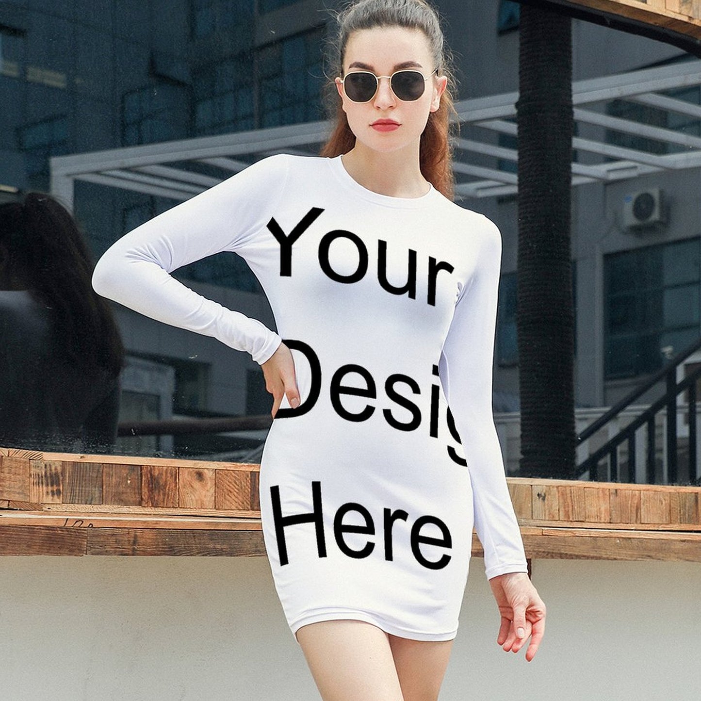 Custom Full Print Dress - Women's Polyester Crew Neck Long Sleeve Bodycon Dress for Autumn/Winter