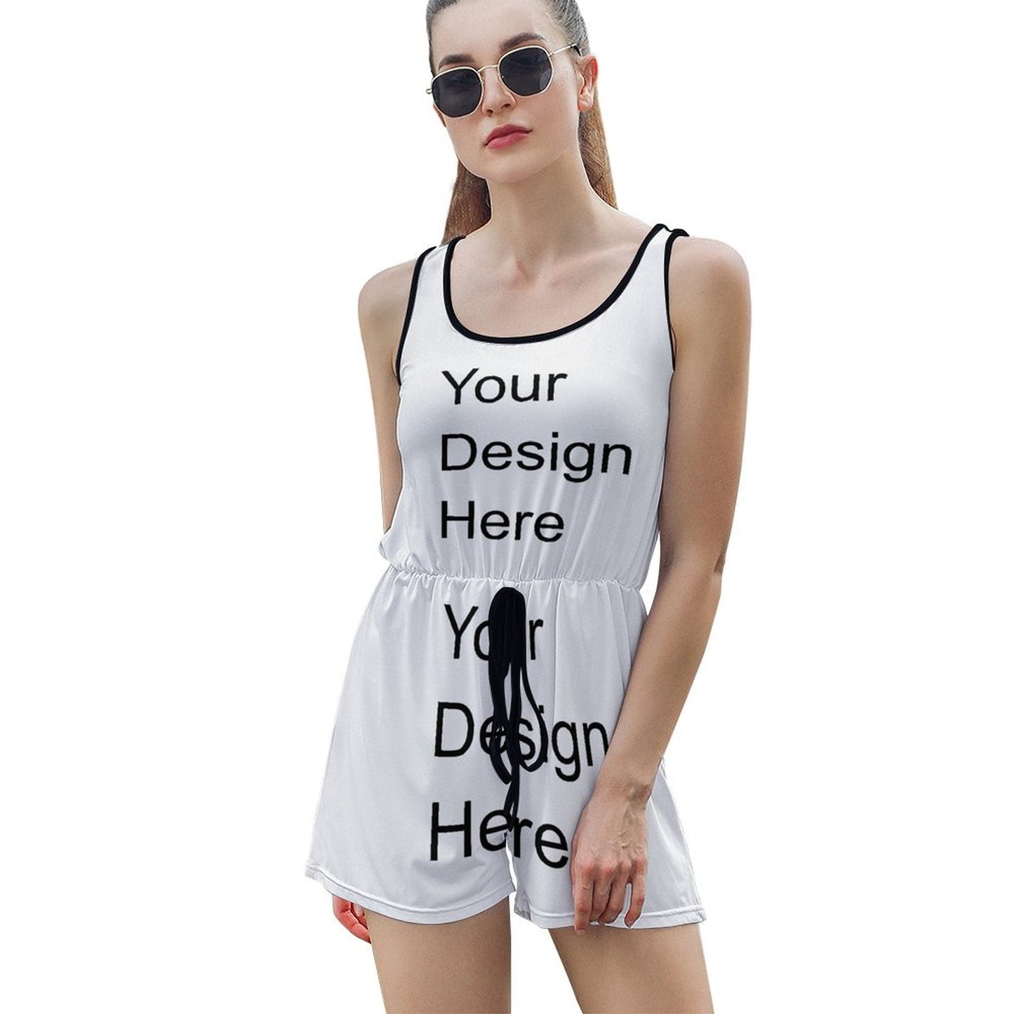 Custom Full Print Jumpsuit - Women's Polyester U-Neck Sleeveless Relaxed Fit Tie-Waist Jumpsuit for Spring/Summer