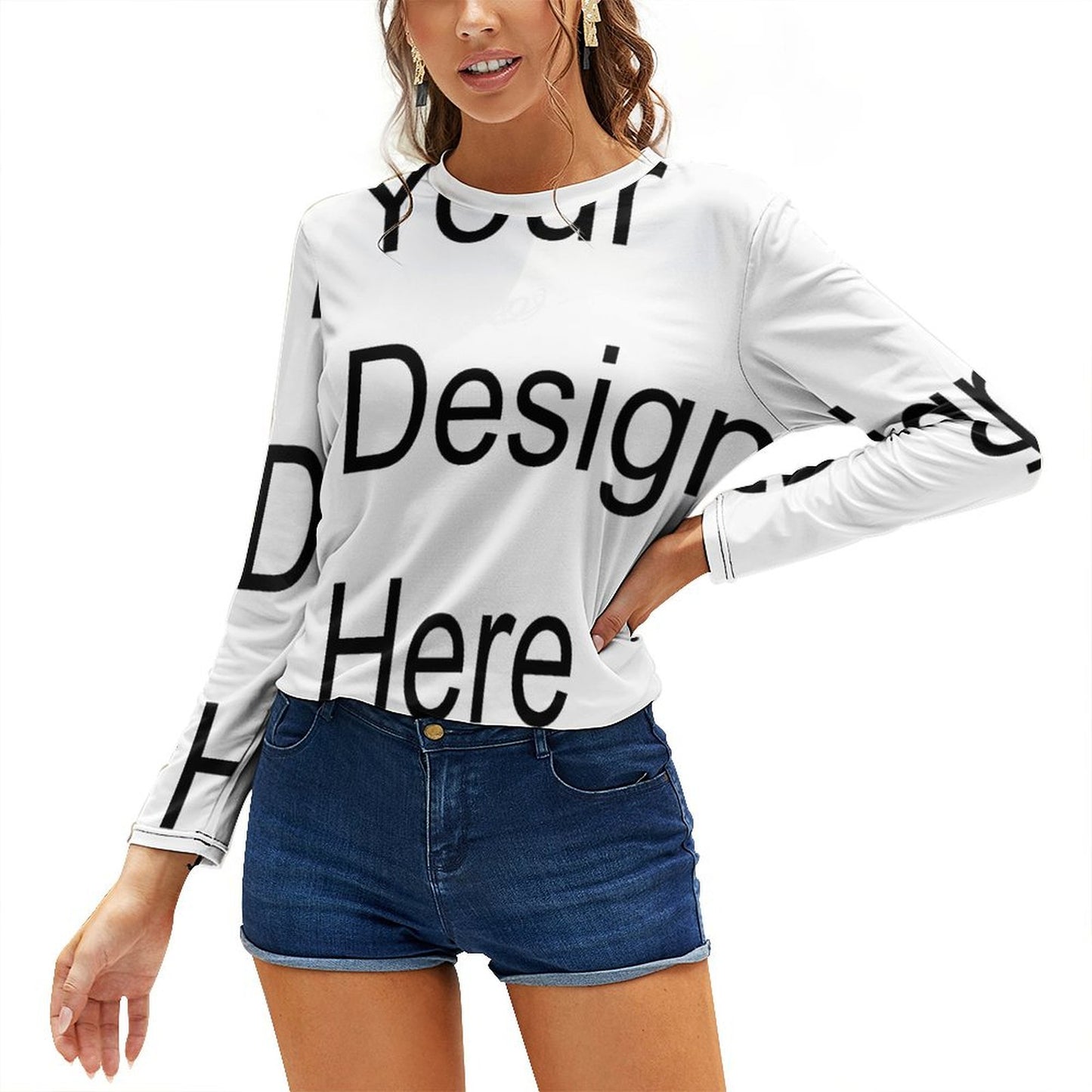 Custom Full Print T-Shirt - Women's Oversized Polyester Crew Neck Long Sleeve Pullover T-Shirt for Spring/Autumn/Winter