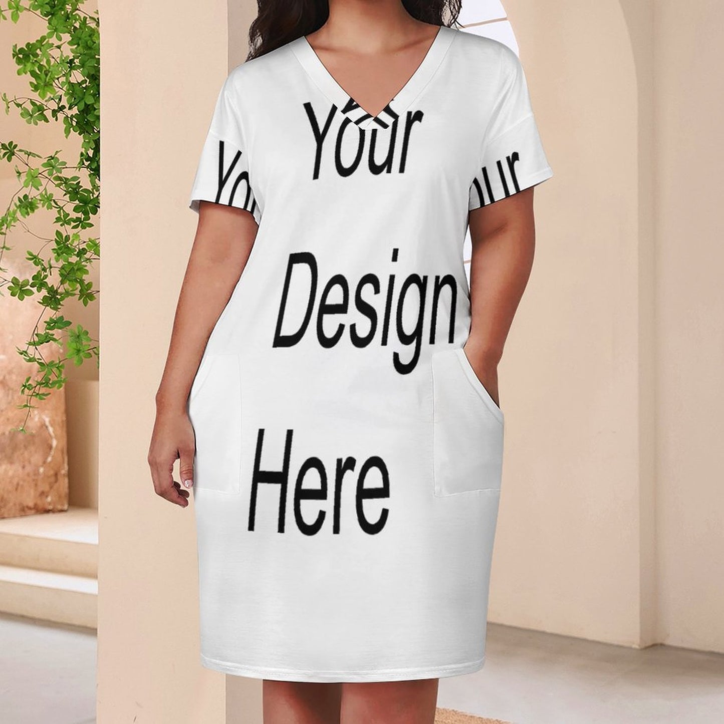 Custom Full Print Dress - Women V-Neck Short Sleeve Relaxed Fit Pocket Dress for Spring & Summer