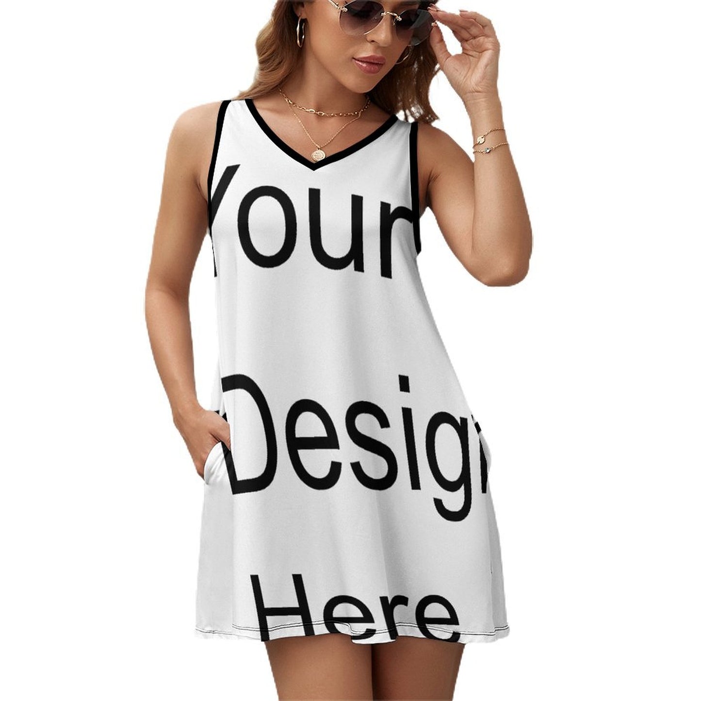 Custom Full Print Dress - Women's Milk Silk V Neck Sleeveless Vest Dress with Pocket for Spring & Summer