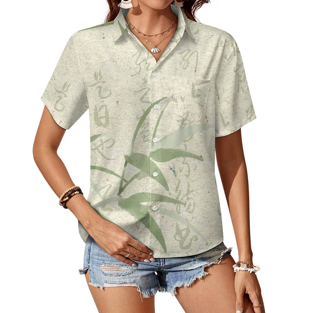 Custom Full Print Shirt - Women's Four-Way Stretch Short-Sleeve Shirt with Pocket and Lapel Collar for Spring & Summer