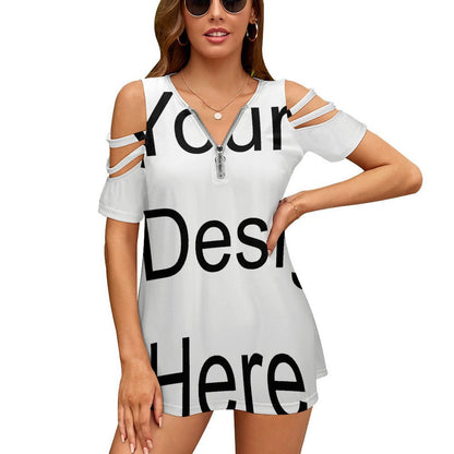 Custom Full Print Short Dress - Women Polyester Zip-Front Off-Shoulder Short Sleeve Dress for Spring & Summer