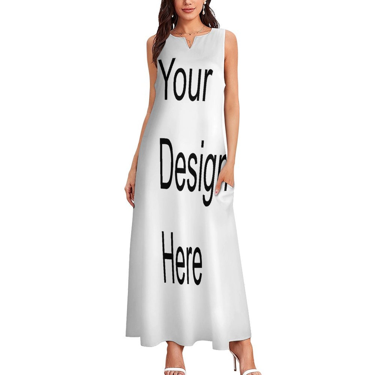 Custom Full Print Dress - Women's Polyester Notched V-Neck Sleeveless Maxi Dress for Spring & Summer