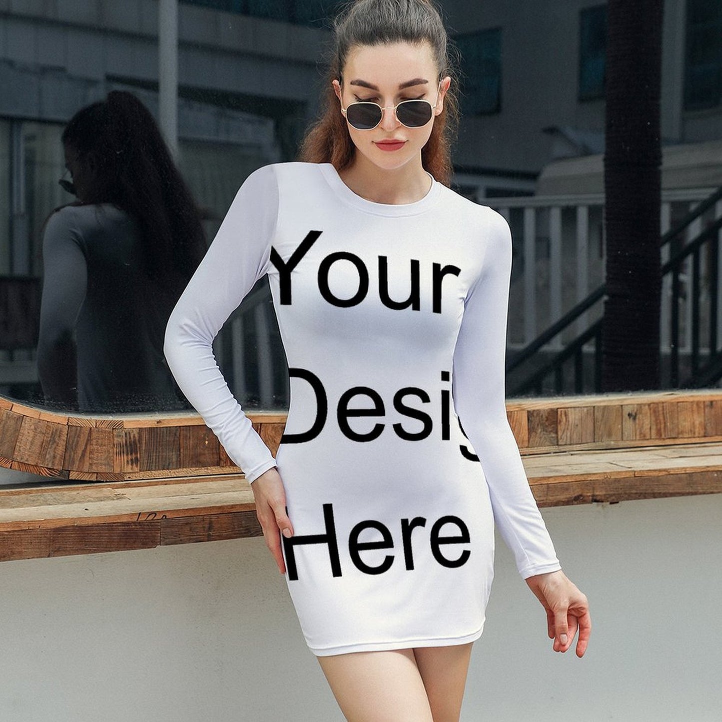 Custom Full Print Dress - Women's Polyester Crew Neck Long Sleeve Bodycon Dress for Autumn/Winter