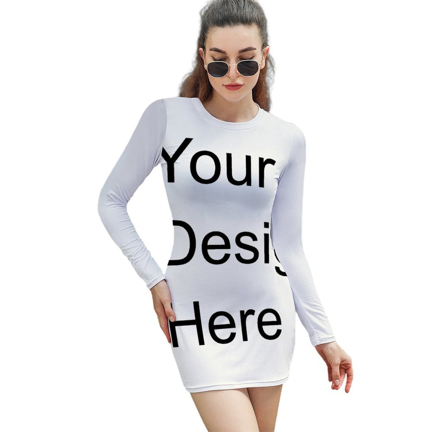 Custom Full Print Dress - Women's Polyester Crew Neck Long Sleeve Bodycon Dress for Autumn/Winter