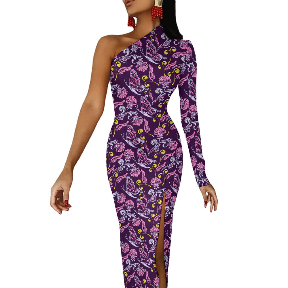 Custom Full Print Dress - Women's Air-layered Polyester Asymmetric Sleeve High-Slit Dress for Spring & Summer