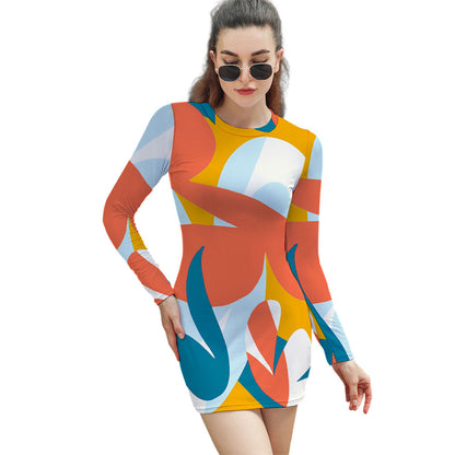 Custom Full Print Dress - Women's Polyester Crew Neck Long Sleeve Bodycon Dress for Autumn/Winter