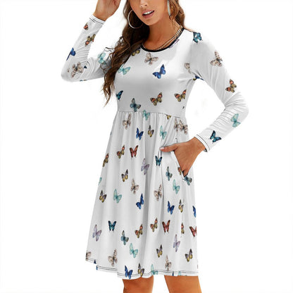 Custom Full Print Dress - Women Polyester Crew Neck Long Sleeve Relaxed Fit Dress with Pocket for Spring & Summer