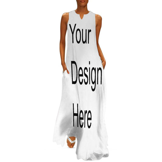 Custom Full Print Dress - Women's Polyester Notched V-Neck Sleeveless Maxi Dress for Spring & Summer