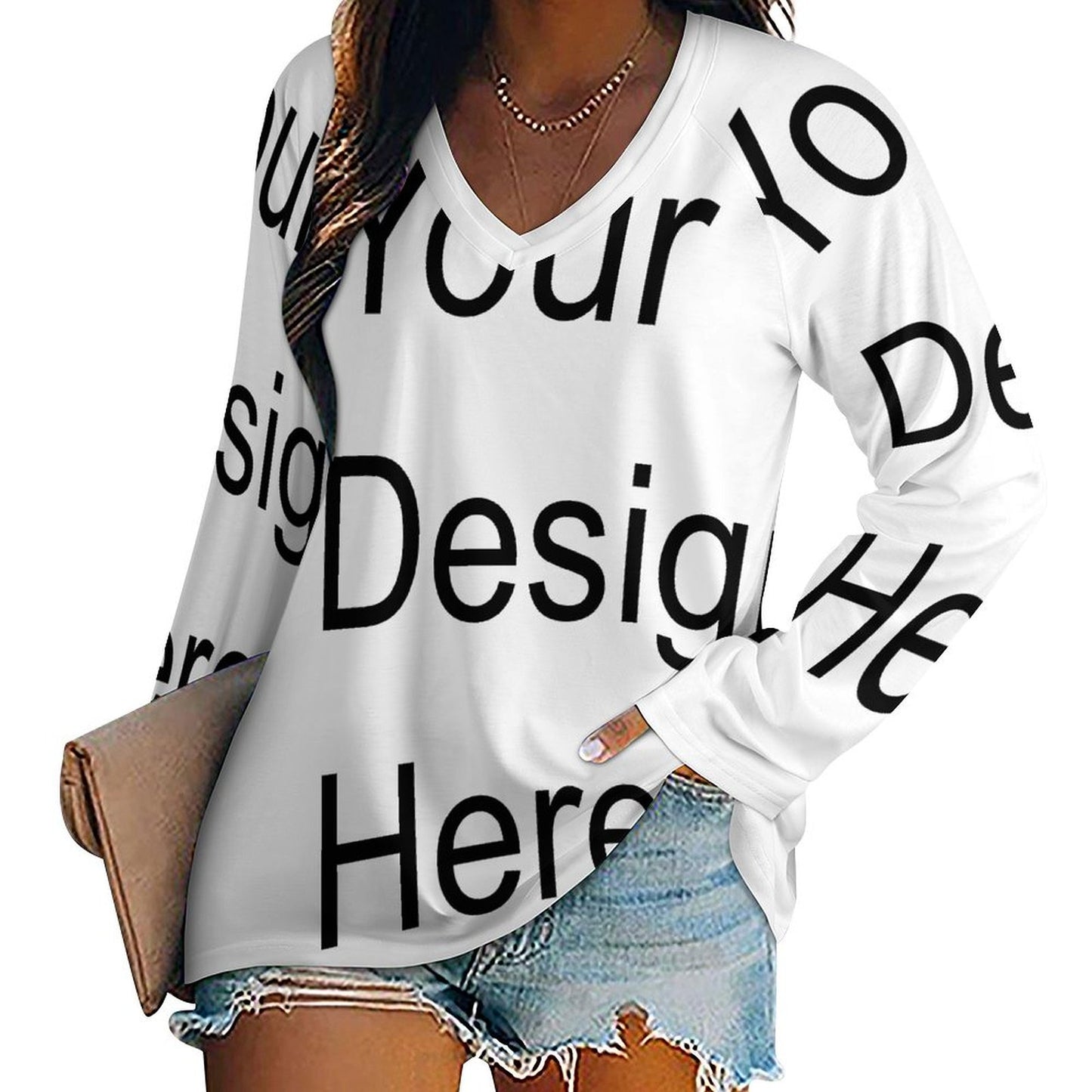 Custom Full Print T-Shirt - Women's Polyester V-Neck Layered Long Sleeve Relaxed Fit Tee for Spring/Autumn/Winter