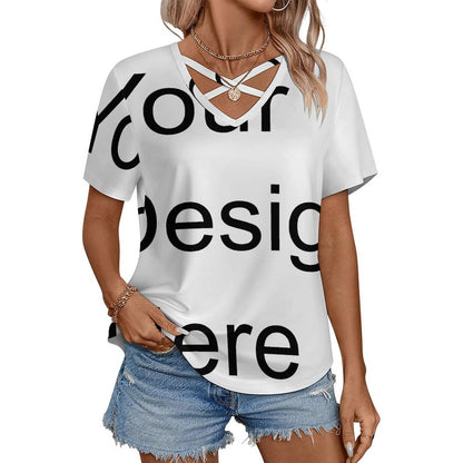 Custom Full Print T-Shirt - Women's Milk Silk Crisscross V Neck Short Sleeve T-Shirt for Spring & Summer