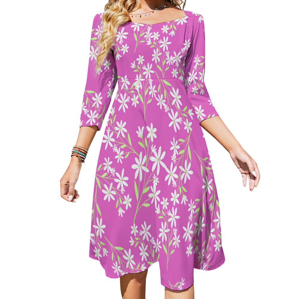 Custom Full Print Dress - for Women Polyester V-Neck 3/4 Sleeve Sweetheart Bow Flared Dress for Spring & Summer