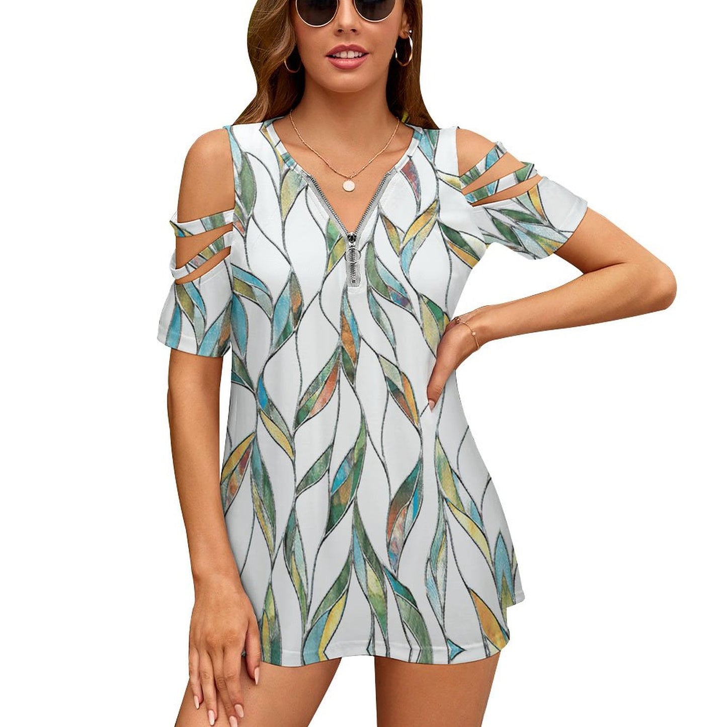 Custom Full Print Short Dress - Women Polyester Zip-Front Off-Shoulder Short Sleeve Dress for Spring & Summer